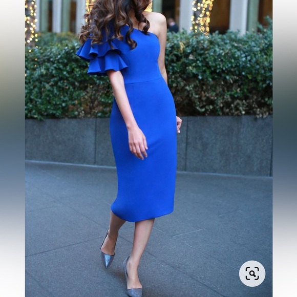 NEW Maggy London Royal Blue One Shoulder MIDI Dress Size 8 - Picture 1 of 2